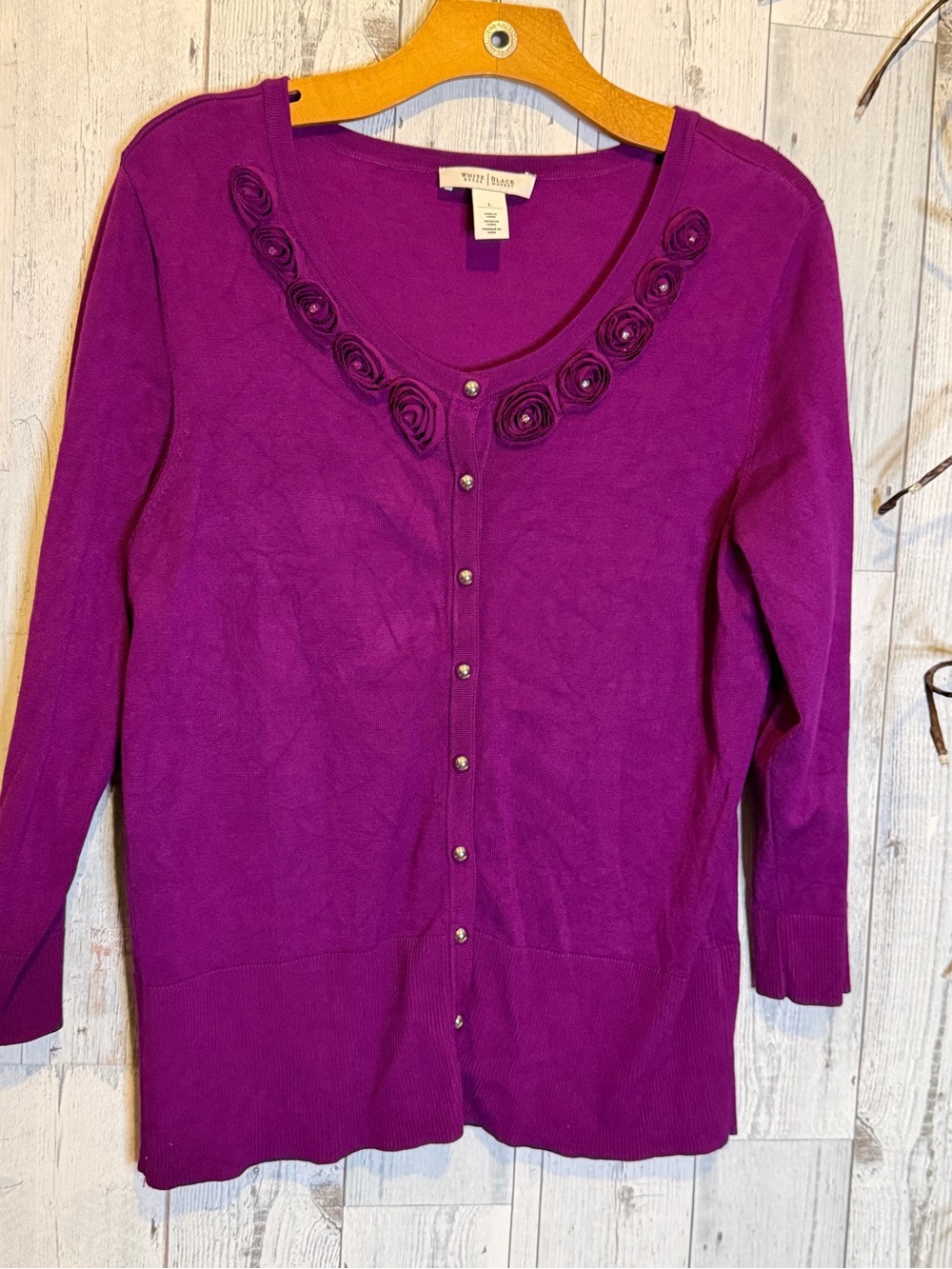 White House Black Market Purple Embellished Button-Front Cardigan